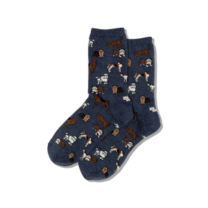 Pair of navy blue socks with dog pattern on a white background