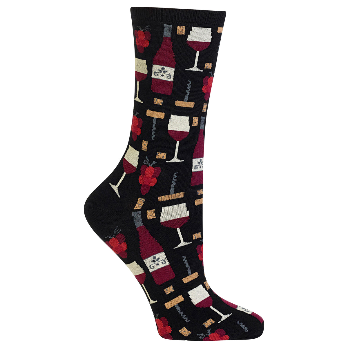 A single crew sock with a wine-themed pattern featuring red wine glasses, wine bottles, corks, and red roses on a black background, shown against a plain white studio backdrop.