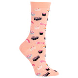 A single peach-colored crew sock with a repeating pattern of various sushi illustrations, shown against a plain white background.