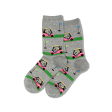 Gray socks with pink golf carts and green grass pattern on a white background thumbnail