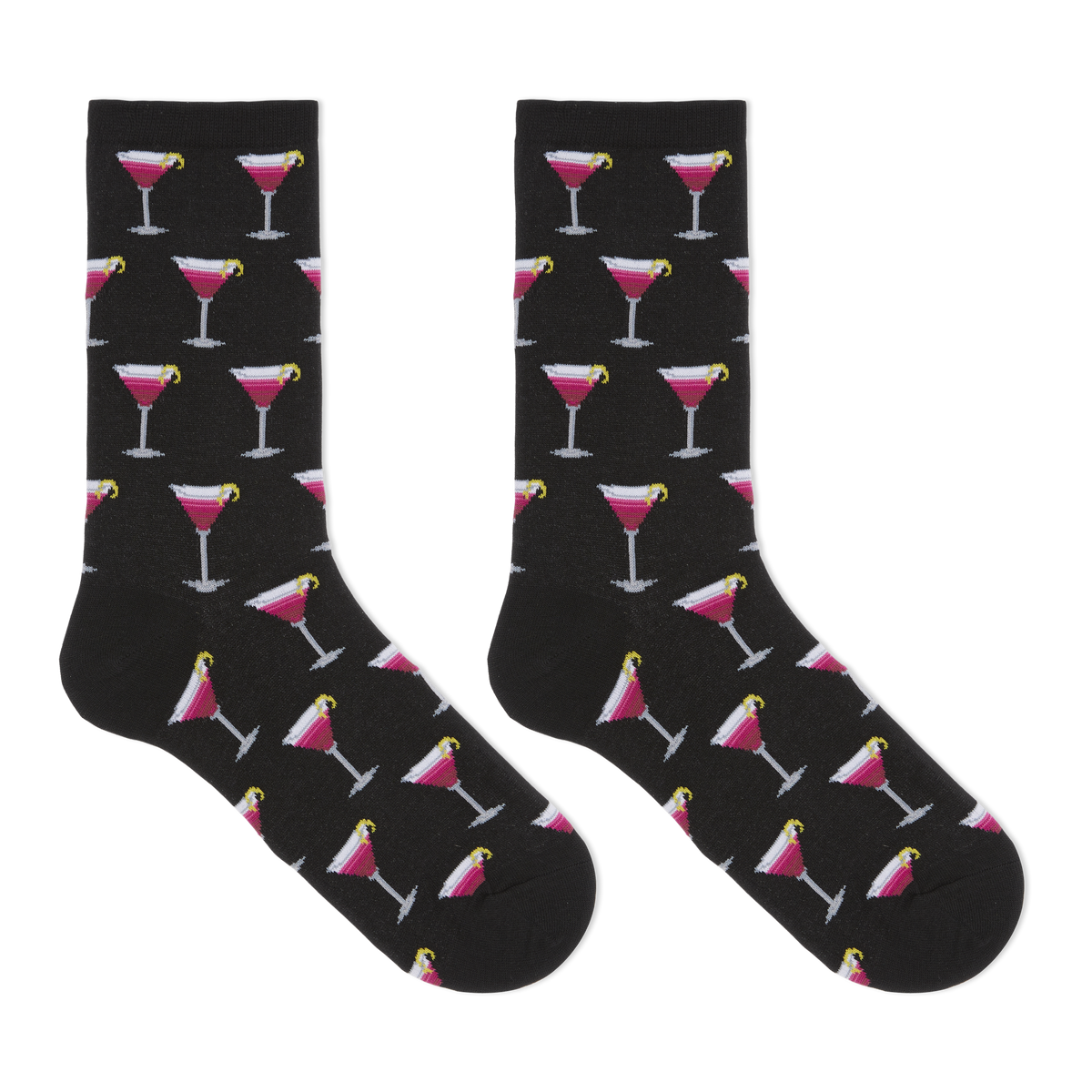 A pair of black crew socks with an all-over repeating pattern of pink and white cocktail glasses on a clean white background.