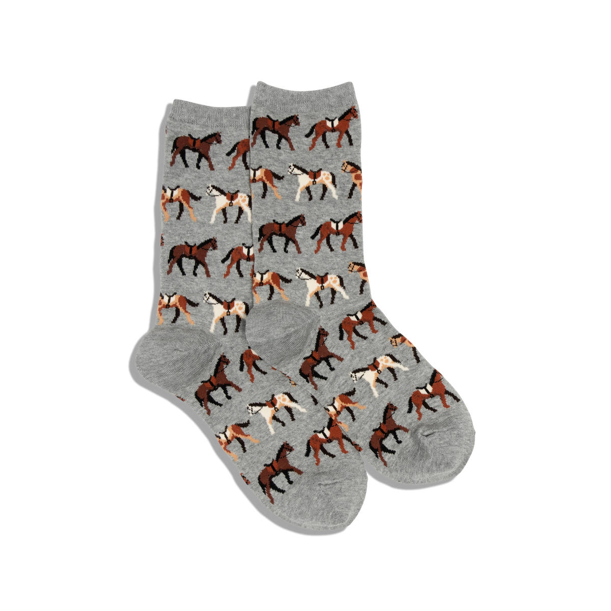 A pair of HOTSOX women's crew socks with a pattern of horses on a gray background.