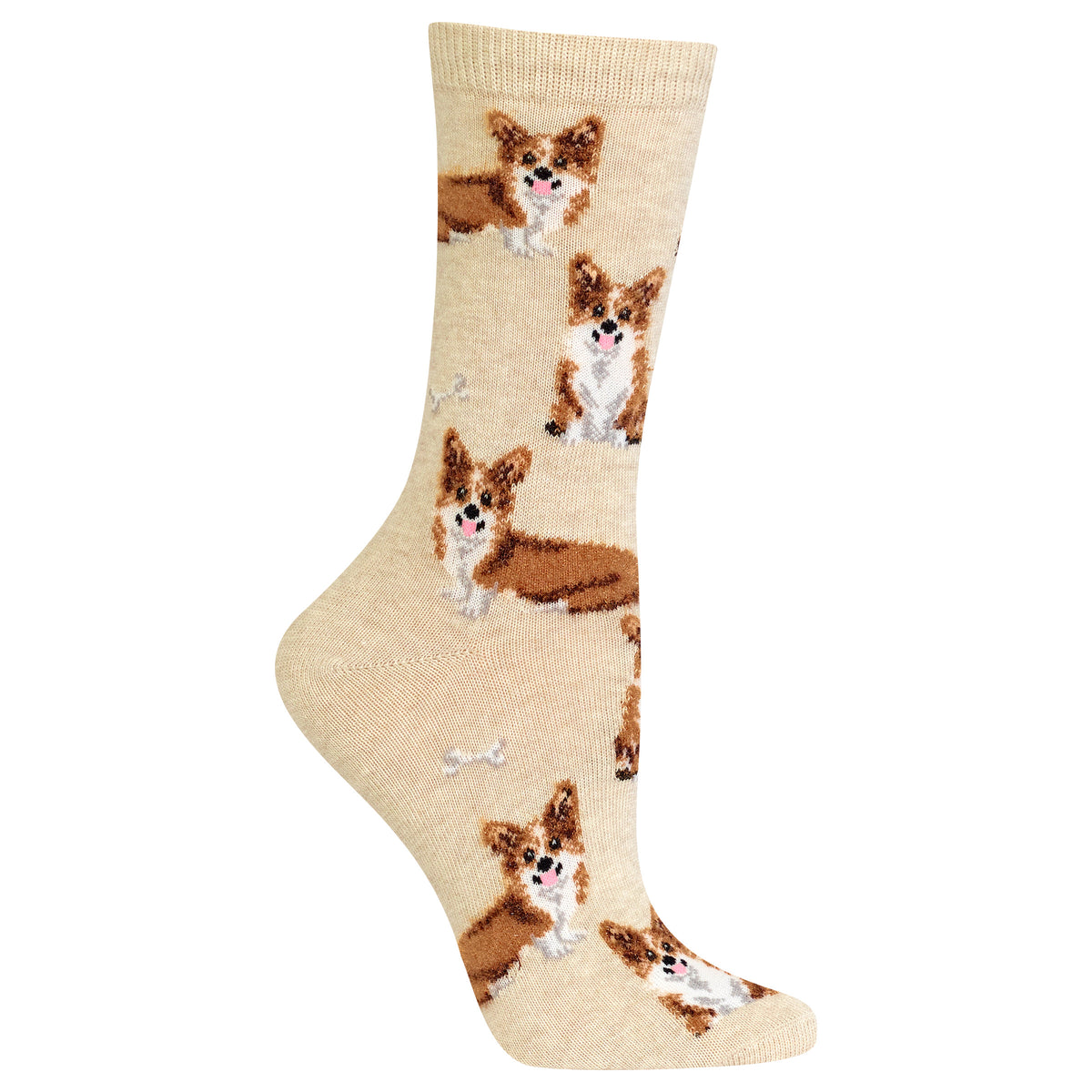 A single crew sock in a warm beige color, featuring an all-over pattern of brown and white Pembroke Welsh Corgi dogs.