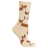 A single crew sock in a warm beige color, featuring an all-over pattern of brown and white Pembroke Welsh Corgi dogs. thumbnail