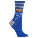 A single blue crew sock with gray stripes and heel/toe accents, featuring a graphic of three challah breads and the text 'CHALLAH BACK GIRL' in white, shown on a plain white background.
