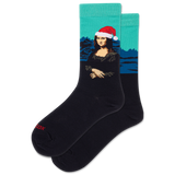 Mona Lisa wearing a Santa hat on a sock with a blue background thumbnail