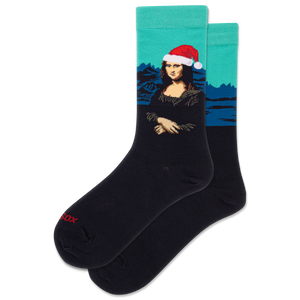 Mona Lisa wearing a Santa hat on a sock with a blue background