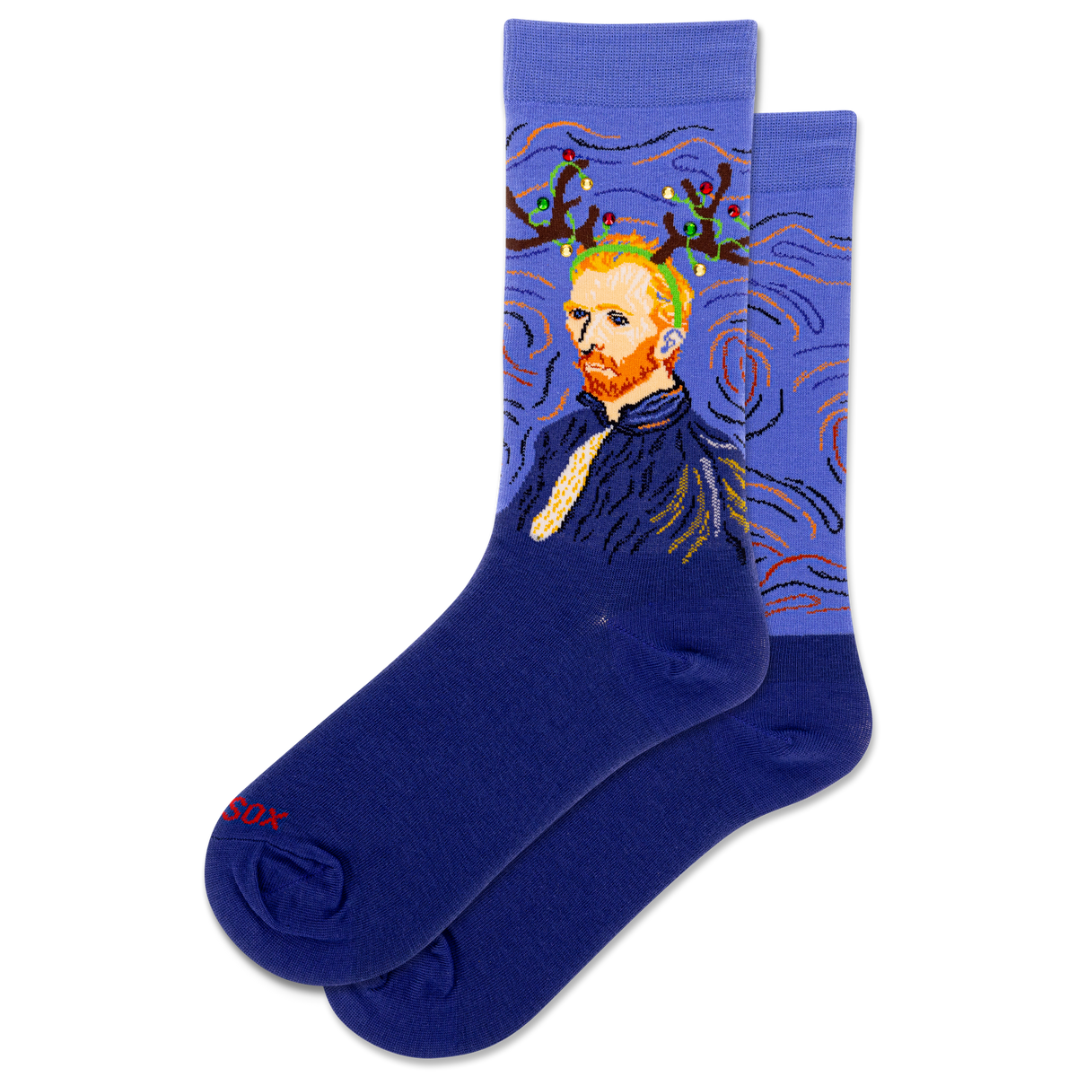Pair of socks with a Van Gogh painting and rhinestones on a white background