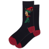Black socks with a colorful elf design on a white background thumbnail
