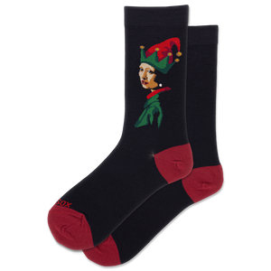 Black socks with a colorful elf design on a white background