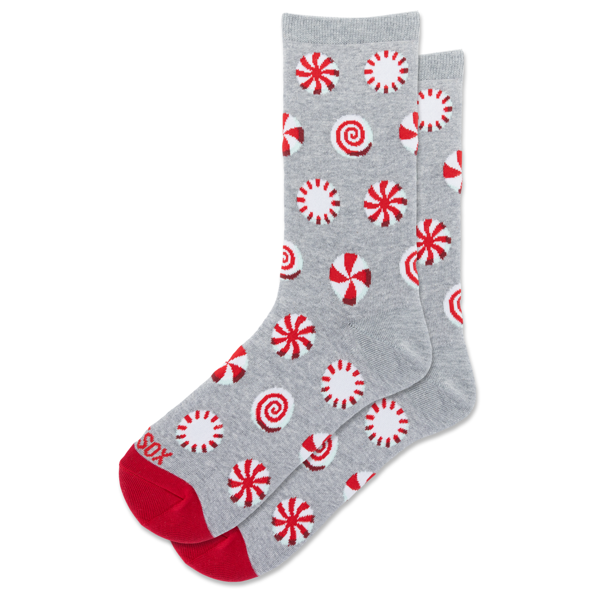 A pair of gray crew socks with a red and white candy cane pattern, featuring solid red toes and heels, displayed on a clean white background.