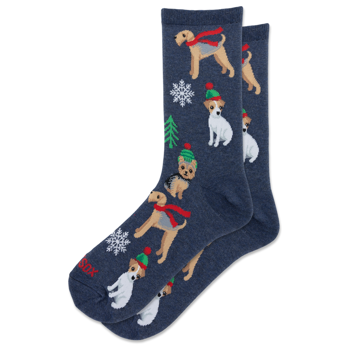 A pair of navy blue crew socks featuring a festive Christmas pattern with Jack Russell Terrier dogs wearing red scarves and green hats, decorated with snowflakes and a small Christmas tree.