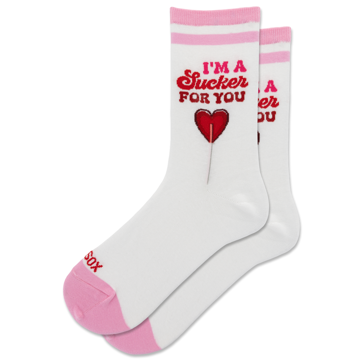 A pair of white crew socks with pink stripes at the top and pink toes/heels, featuring a red graphic of a lollipop and the text 'I'M A Sucker FOR YOU' on the front.