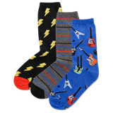 HOTSOX Kid's Electric Guitars, Lightning Bolt, Stripe 3 Pack Crew Socks