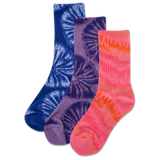 Three colorful socks with tie-dye patterns on a white background