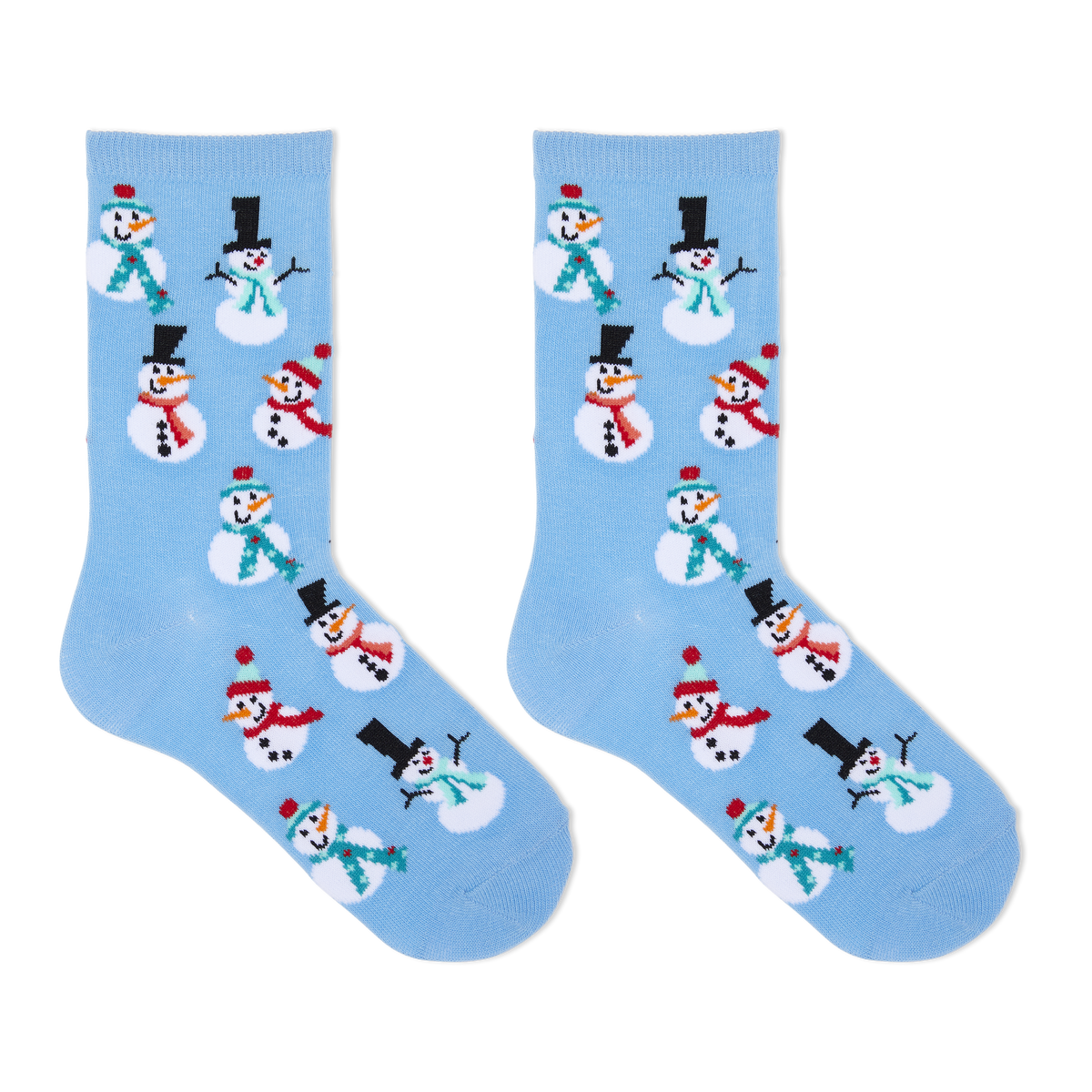 A pair of light blue crew socks with a repeating pattern of cartoon snowmen in winter clothing, shown against a plain white background.