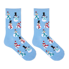 A pair of light blue crew socks with a repeating pattern of cartoon snowmen in winter clothing, shown against a plain white background.