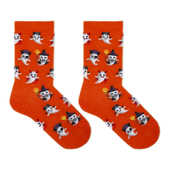 A pair of bright orange crew socks with an all-over Halloween ghost pattern, shown flat against a solid white background.
