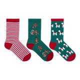 Three pairs of Christmas-themed crew socks displayed side-by-side on a plain white background. The left pair features red and white horizontal stripes with a red toe and heel. thumbnail