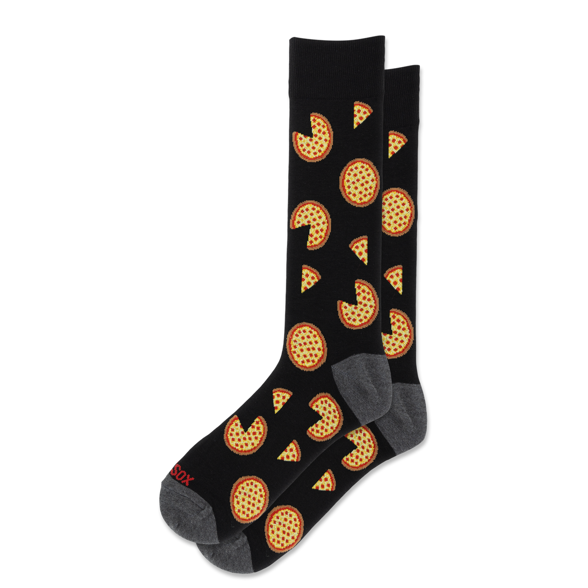 A pair of black crew socks with a repeating pattern of pizza slices and whole pizzas, featuring gray heels and toes and a small red brand logo on the sole.