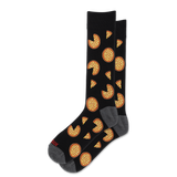 A pair of black crew socks with a repeating pattern of pizza slices and whole pizzas, featuring gray heels and toes and a small red brand logo on the sole.