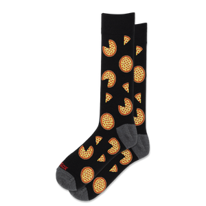 A pair of black crew socks with a repeating pattern of pizza slices and whole pizzas, featuring gray heels and toes and a small red brand logo on the sole.