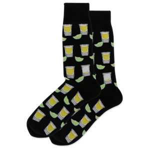 Black socks with lime and tequila pattern on a white background