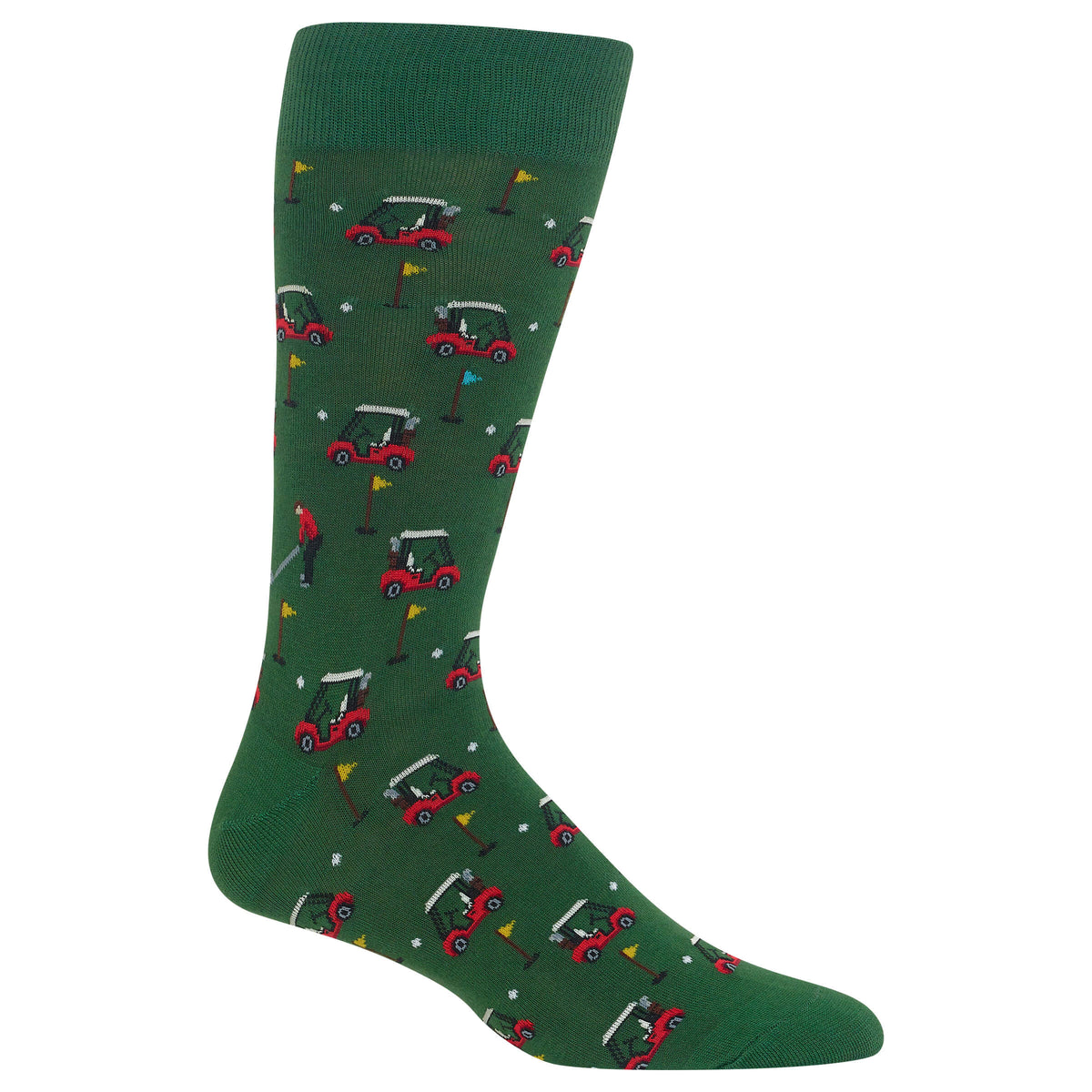 A single dark green crew sock with an all-over golf course pattern featuring red golf carts, players, flags, and golf balls, shown on a plain white background.