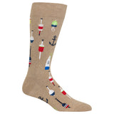 A single crew sock in heather tan with a playful pattern of nautical buoys, anchors, and boats in red, blue, green, and white, shown on a plain white background. thumbnail