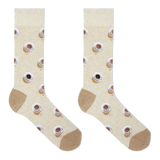 A pair of beige crew socks with a repeating pattern of coffee cups and saucers, featuring solid tan heels, toes, and cuffs, displayed on a clean white background.