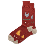 Red socks with chicken illustrations and text on a white background