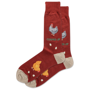 Red socks with chicken illustrations and text on a white background