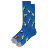 A pair of blue crew socks with a pattern of colorful kayaks.
