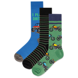 A pack of three striped crew socks with a motorbike and ATV pattern, one sock is blue with a motocross design, and the others are black and green with a similar motocross theme.