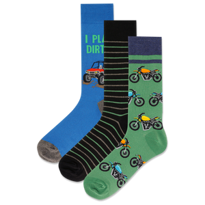 A pack of three striped crew socks with a motorbike and ATV pattern, one sock is blue with a motocross design, and the others are black and green with a similar motocross theme.