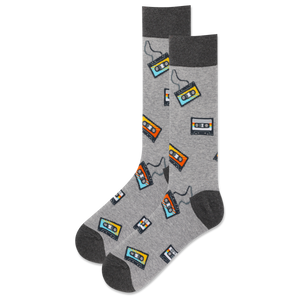 Gray socks with cassette tape pattern on a white background