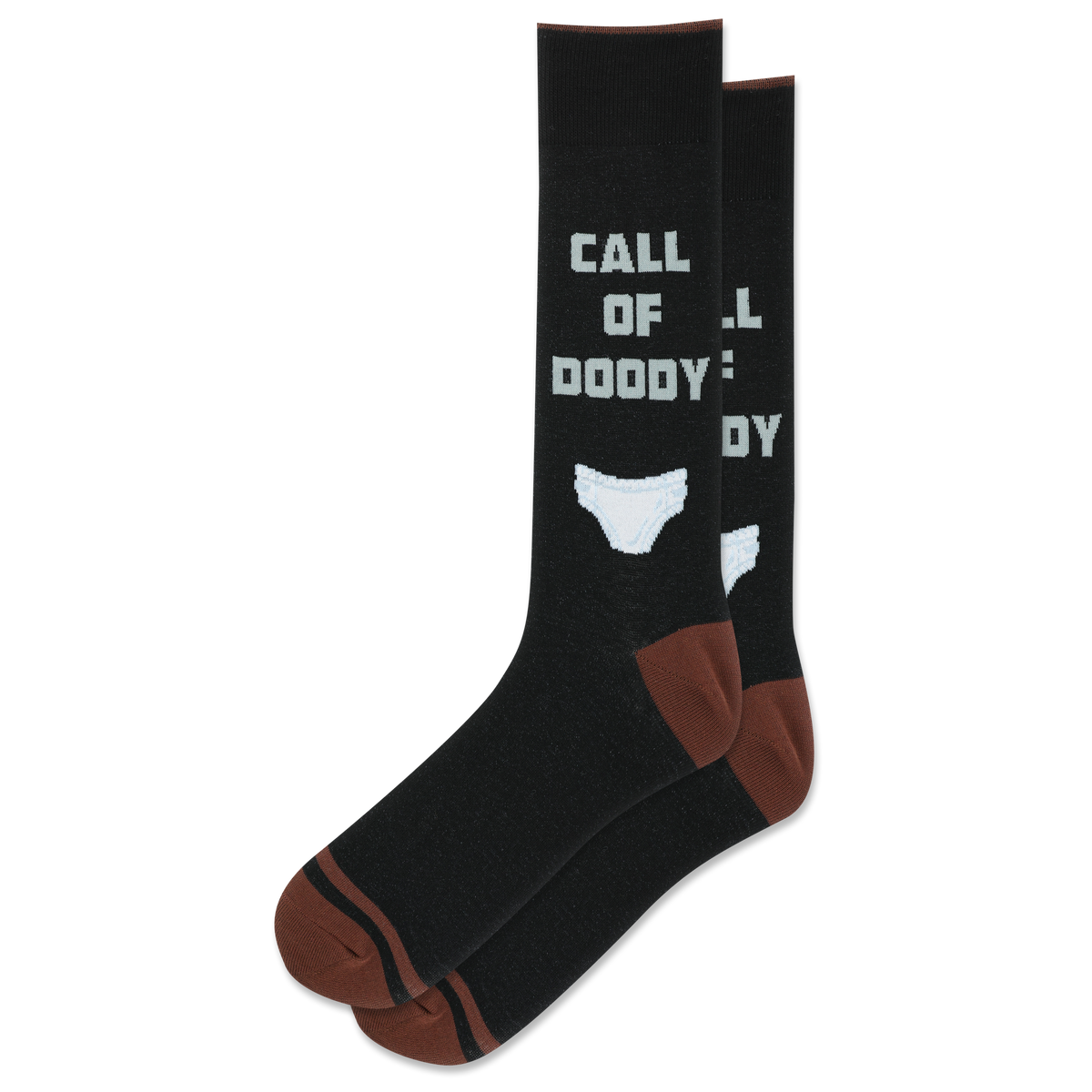 Black socks with white text and brown accents on a white background