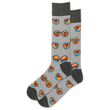 A pair of gray crew socks with a pattern of sunglasses and beach scenes in multicolor.