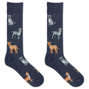 A pair of navy blue crew socks with an all-over pattern of cartoon dogs in various breeds and colors, shown against a plain white background.