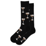 Black socks with martini glass designs on a white background