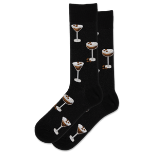 Black socks with martini glass designs on a white background