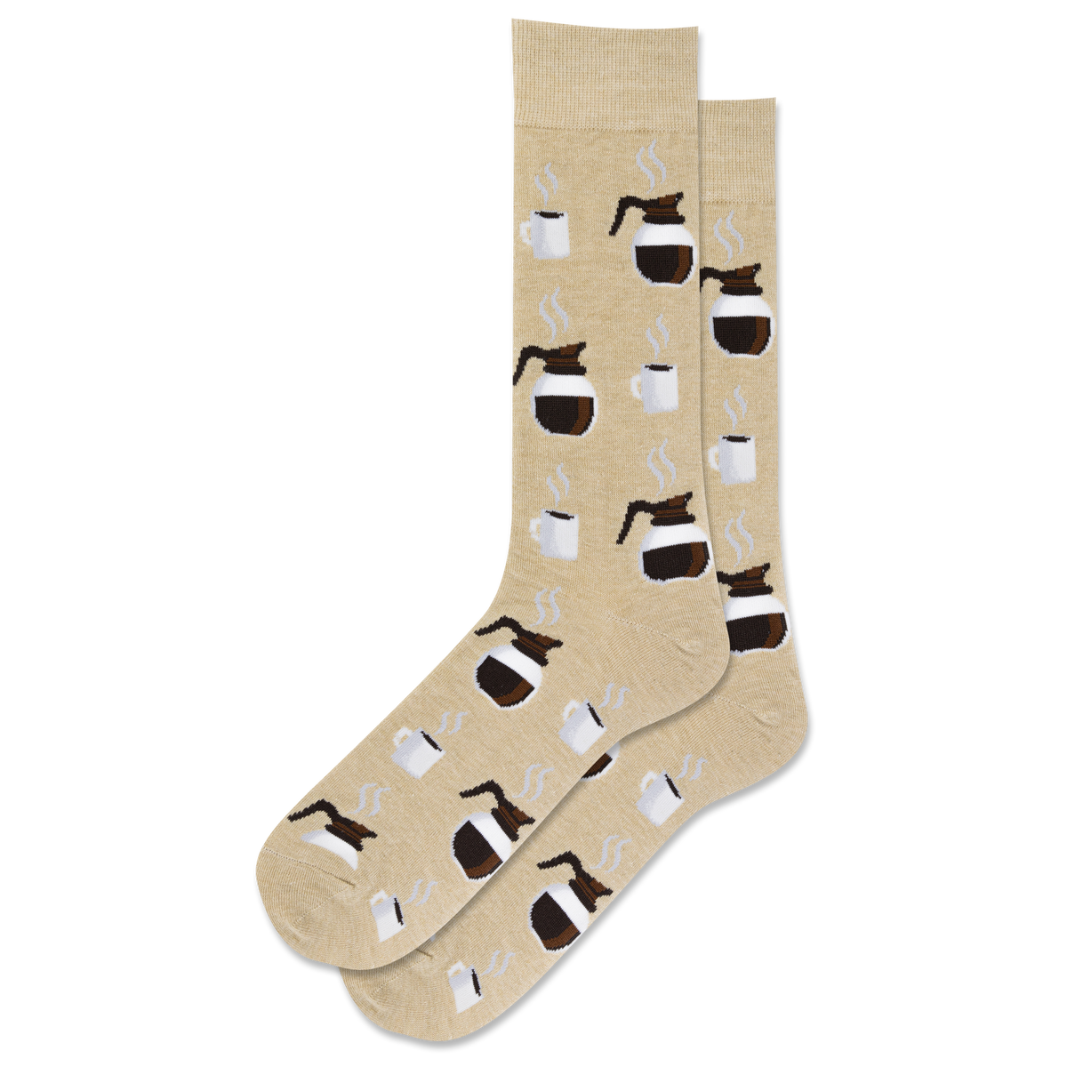 Beige socks with coffee-themed design on a white background