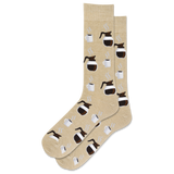 Beige socks with coffee-themed design on a white background