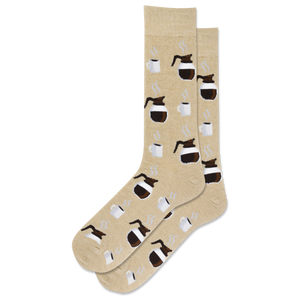 Beige socks with coffee-themed design on a white background