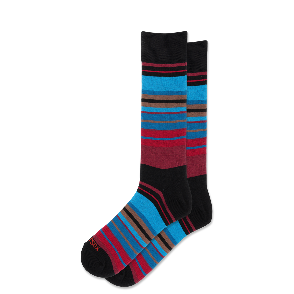 A pair of crew socks with a striped pattern in black, bright blue, burgundy red, and brown, displayed against a solid white background.