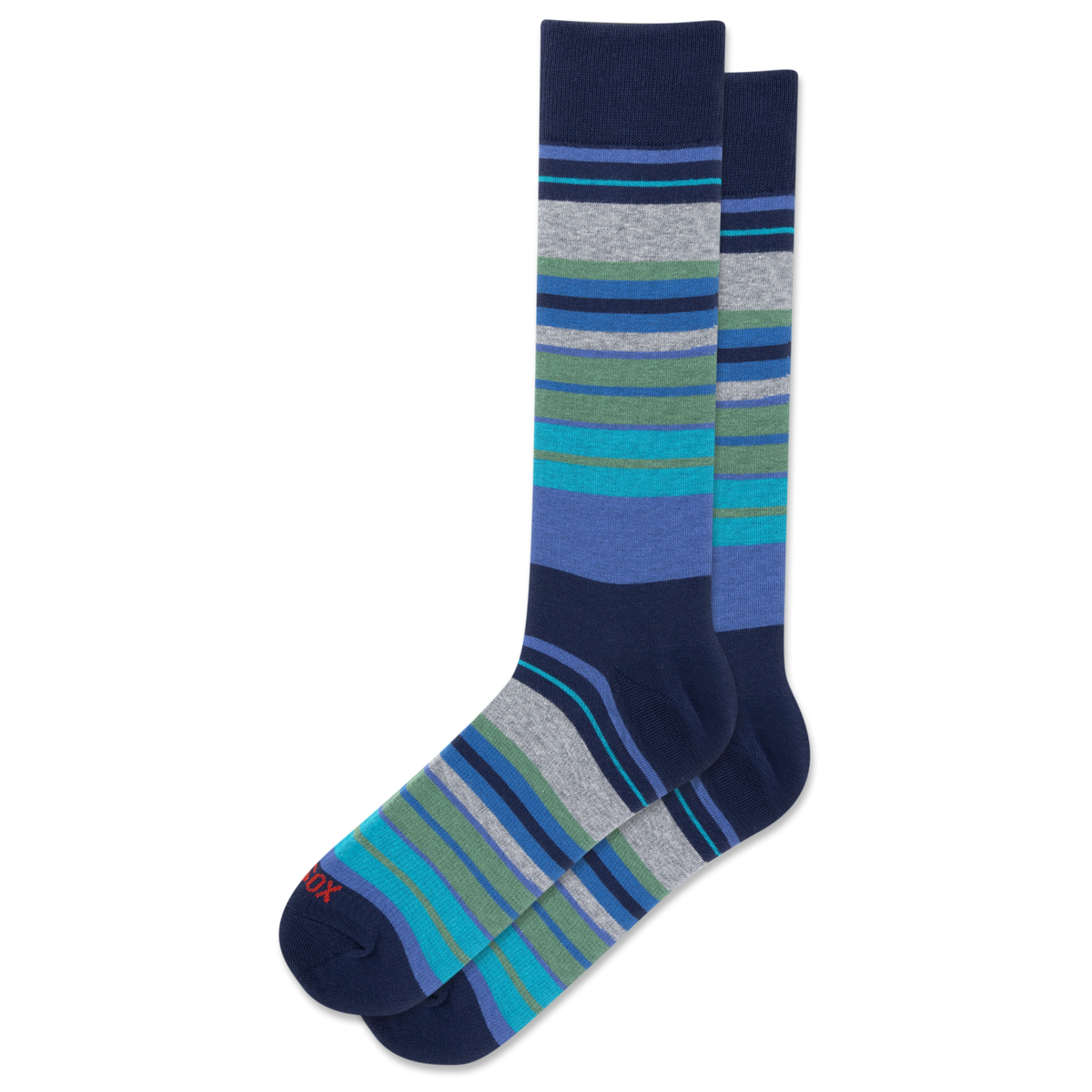 A pair of crew socks with a striped pattern in navy blue, gray, green, and blue, shown on a plain white background.