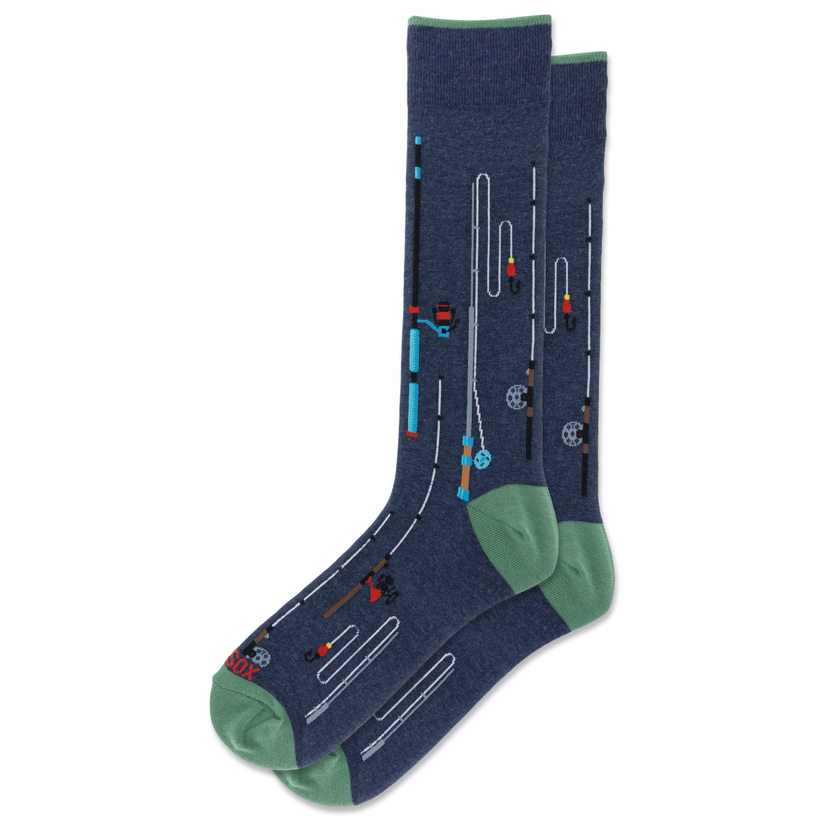 A pair of crew socks in heathered navy blue with a fishing rod and line pattern, featuring sage green heels and toes, displayed on a clean white background.
