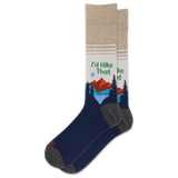 A pair of crew socks with a dark navy blue lower half, gray heels and toes, and a beige upper half featuring a graphic of mountains, pine trees, and the text 'I'd Hike That'.