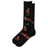 A pair of black crew socks featuring a repeating pattern of orange and white foxes with green text reading 'FOR SAKE' on a clean white background.