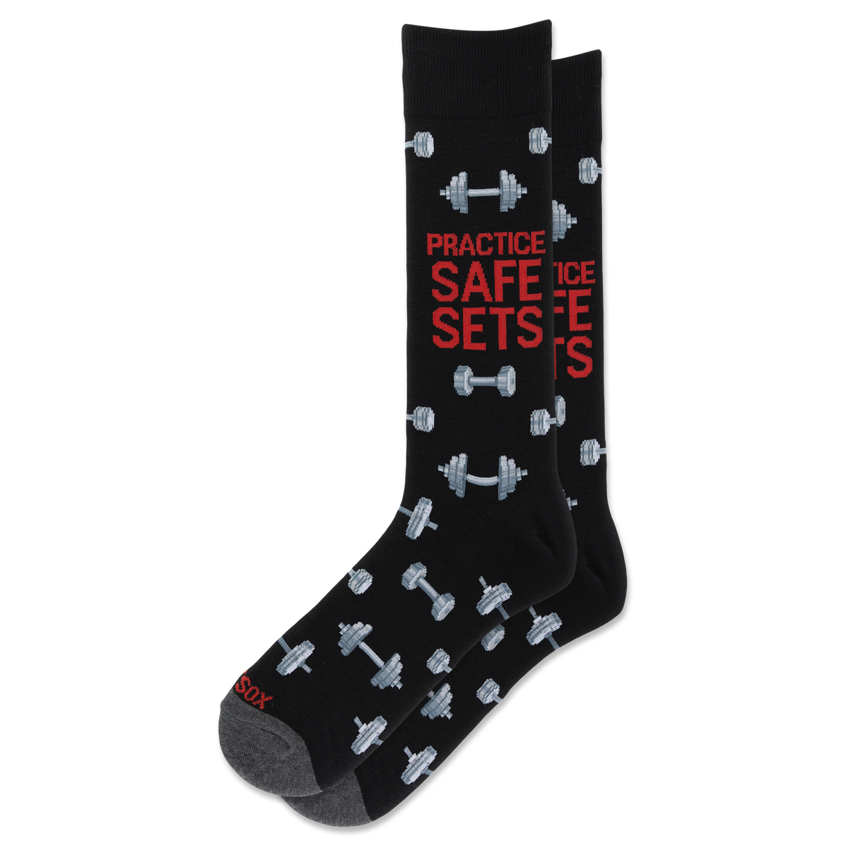 A pair of black crew socks with a gray and red graphic design featuring dumbbells and the text 'PRACTICE SAFE SETS' in red and gray.